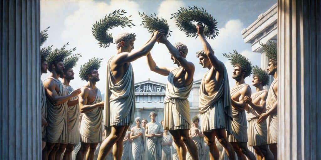 The moment of triumph for victors in the Ancient Olympic Games, being crowned with wild olive leaf crowns