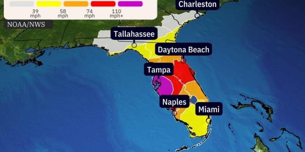 Map from the National Weather Service shows the potential strongest winds